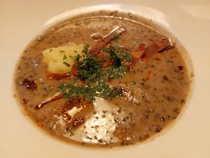 Mushroom soup with 'bacon' and mashed potato. This was something to write home about! Very special and strongly reccomend! at Veganic in Krakow