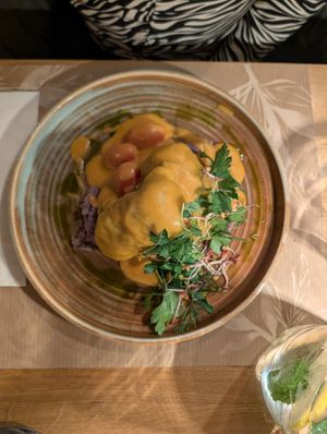 Cabbage rolls with cheese sauce at Veganic in Krakow