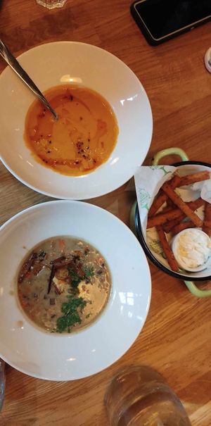 Soups and polenta fries .. amazing at Veganic in Krakow