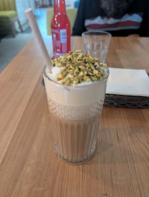 Pistachio latte at Veganic in Krakow