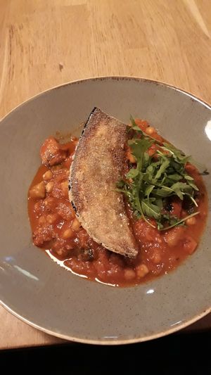 Chickpea stew with fried eggplant at Veganic in Krakow