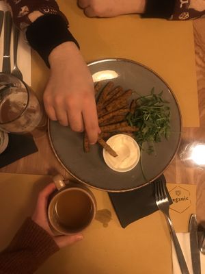 Herby Polenta Fries with mayo-dip, so crunchy and Good!!  at Veganic in Krakow