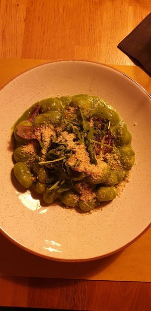Gnocchi with pesto and vegan parmesan at Veganic in Krakow