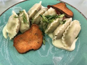 Dumplings with sweet potato  at Veganic in Krakow