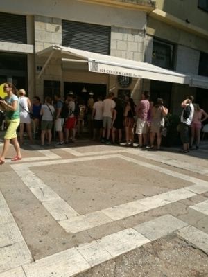 never ending line for luka ice cream  at Luka Ice Cream & Cakes in Split