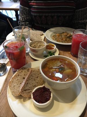 Vegan vegetable broth and my friends vegan butternut curry  at Le Pain Quotidien - Exhibition Rd in South West London