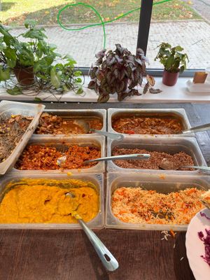 Some of the dishes — vegetables in sauce, soy in sauce, chili con soja, buckwheat, split pea purée with fennel, fried basmati rice. at Garda Pupa in Riga