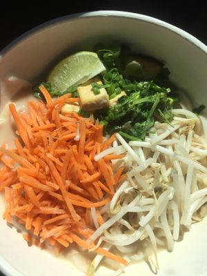 Sesame tofu with rice noodles and spicy lime veggie broth  at Noodle Nirvana in Berea