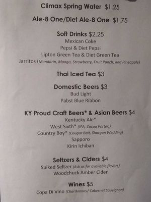 drink menu at Noodle Nirvana in Berea
