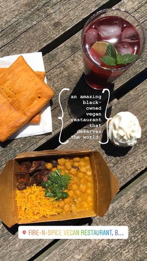 hibiscus & ginger tea, Jamaican “beef” patties, a coconut vegan cupcake, accompany a nourishing meal 💛 at Fire & Spice Vegan Restaurant - Capitol Ave in Hartford