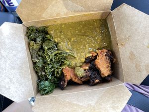 Wilted greens (kale), red lentil Dahl, Pomegranate tempeh  at Fire & Spice Vegan Restaurant - Capitol Ave in Hartford