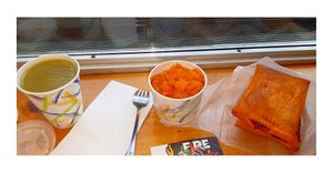 Ginger Cucumber Drink, African Potatoes, Jerk Plantain Patty & Lentil Patty at Fire & Spice Vegan Restaurant - Capitol Ave in Hartford