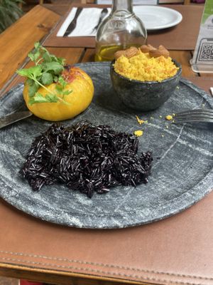 Bobó de moranga e cogumelos, e farofa com castanhas de caju  at Casa Raw in Sao Paulo