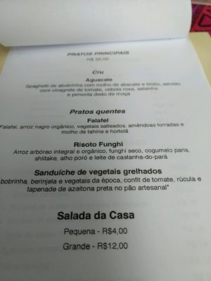 menu at Casa Raw in Sao Paulo