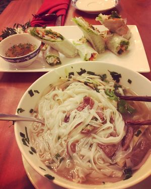 Delicious vegan pho and fresh rolls- so delicious! at Minh Chay - Ma May in Hanoi