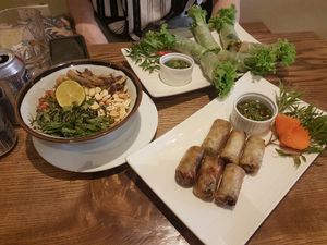 Glass rice noodle with vegies and vietnam sausage, Hanoi spring rolls and rice paper rolls at Minh Chay - Ma May in Hanoi