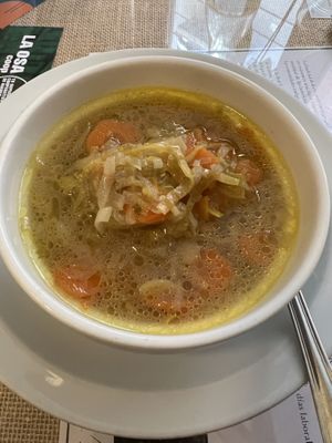 Purrusalda. Sopa de cebolla, patata, puerro y zanahoria.   at El Fogon Verde in Madrid