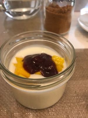 Mango and plum yoghurt dessert  at El Fogon Verde in Madrid