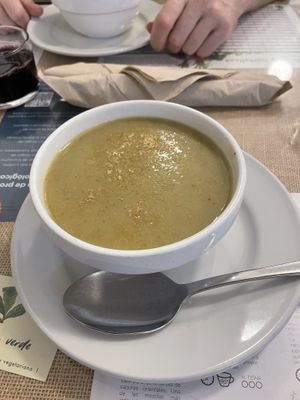 Broccoli and nutritional yeast soup   at El Fogon Verde in Madrid