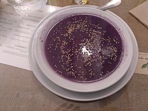 First course / Purple cabbage soup at El Fogon Verde in Madrid