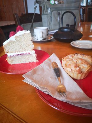 Picture of 2 cakes on red plates. Slice of Victoria sponge on the left, frangipane on the right at Planetwise & Yoga Studio in Bridlington