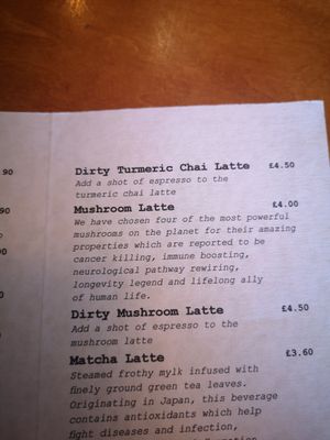 Picture of the menu showing the details of the contents of a latte and a dirty mushroom latte at Planetwise & Yoga Studio in Bridlington