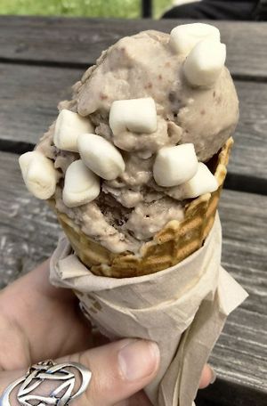Milk chocolate ice cream cone with marshmallows on top at Glokala Haket Kafé & Bistro in Norrkoping