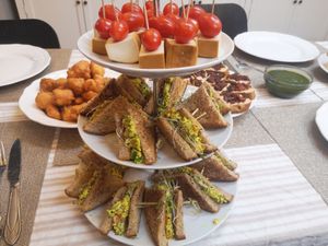 Appetizers - Beer battered cauliflower bites, "egg" sandwiches, cheese style smoky tofu.  at Savor Living in Oakville