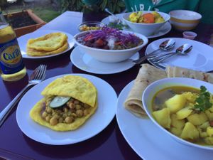 Doubles, Curry Cauliflower/Potato, Lentils/Beans/Rice, Beer at Calypso Roti Shop in Tofino