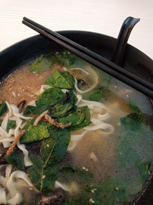 Pan mee (vegan). Generous serving of noodles, sliced mushrooms, mock anchovies and 'yin choy' greens in a light but flavourful broth. at My Real Cafe in Petaling Jaya