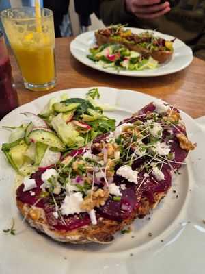 Nr 6 - beetroot sourdough bread. Vegan cream cheese, walnuts, etc. Loved every bite! at Veget in Prague