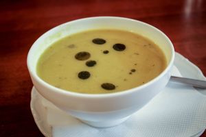 green pea soup with mint at Veget in Prague