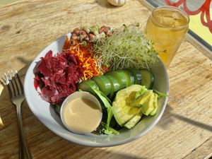 Rainbow Bowl + Iced Green Tea  at Nourish Wellness Cafe in Northampton