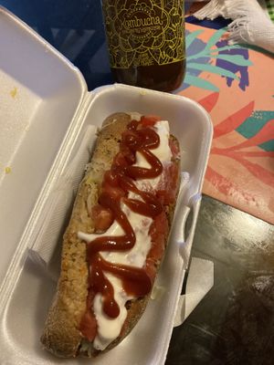 Vegan Completo (Chilean Hot Dog) and Kombucha at Kalendula in Santiago