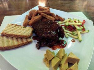 Vegan: Seitan steak in BBQ sauce at Mayka in Belgrade