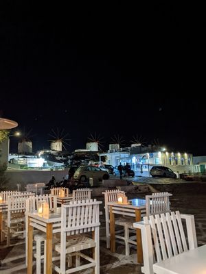 View of the windmills at Nice n Easy in Mykonos