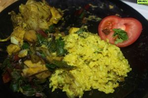 Organic Baked Sweet Potatoes Bay leaves Yellow Koku Rice Tomatoes at Organic Garden  in Atlanta