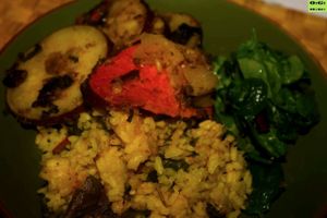 Organic Baked Sweet Potatoes  Bay leaves Yellow Koku Rice Tomatoes at Organic Garden  in Atlanta