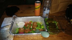 Wine leaf rolls and falafels (take-out) at Maqam Al Sultan in Larnaca