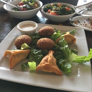 Vegan Mezze for 2, warm starters (falafel and spinach parcels) at Maqam Al Sultan in Larnaca