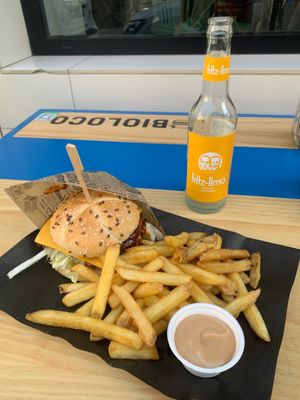 Chicken burger with fries at Bioloco in Gran Canaria
