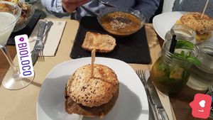Sopa, Hamburguesas veganas y patatas bravas at Bioloco in Gran Canaria