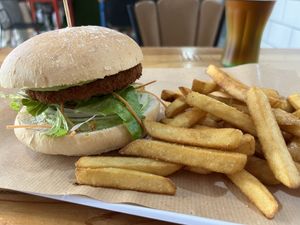 Chicken burger and fries  at Bioloco in Gran Canaria