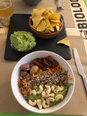 Protein power salad + tortilla crisps with guacamole at Bioloco in Gran Canaria