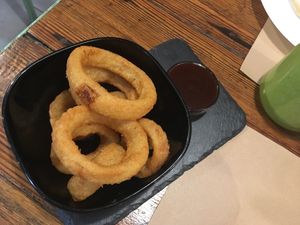 Onion rings with BBQ sauce at Bioloco in Gran Canaria