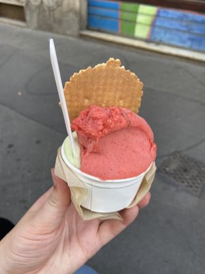 Strawberry and basil/lemon sorbet  at Gelateria Latteneve in Milan