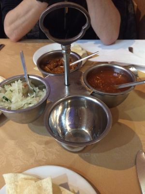 Popadom and pickles, vegans only get 3 pickles! at Raj Tandoori in Newcastle Upon Tyne