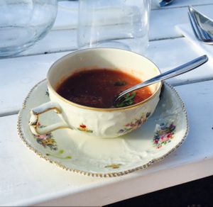 tasty gazpacho served in the cutest cup! at Hornuddens Tradgard in Straengnaes