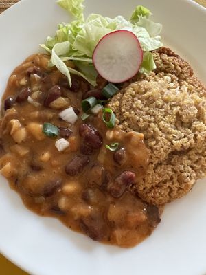 Bean goulash with rice-millet patties   at Sarva Hita in Mlada Boleslav