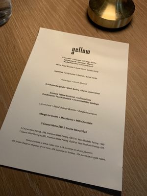 Menu at Yellow in Sydney